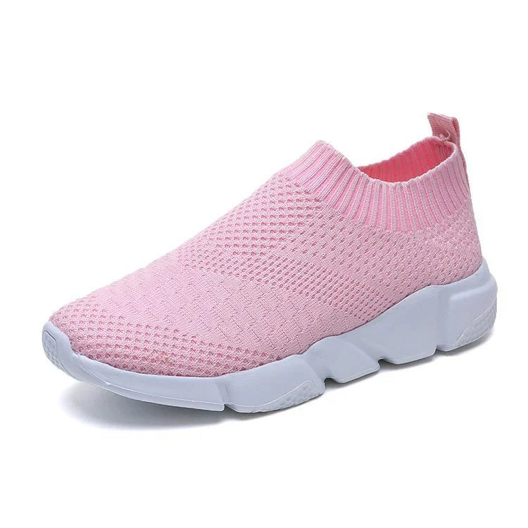 Light pink knit slip-on sneaker with white chunky sole on white background