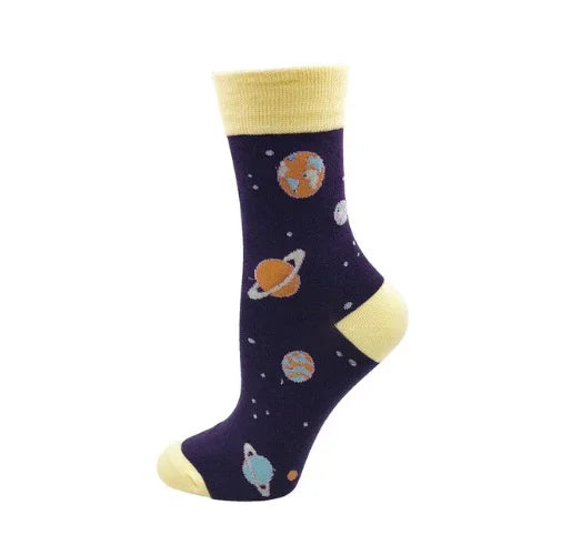 Dark blue crew sock with yellow cuff, heel, and toe featuring colorful planet and star space design