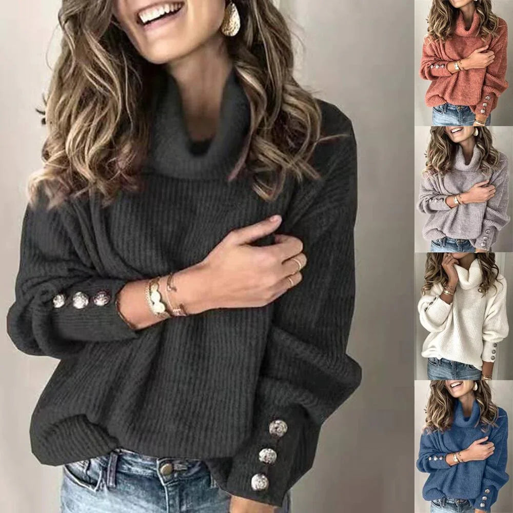 Woman wearing cozy ribbed turtleneck sweater with decorative buttons on sleeves in multiple colors