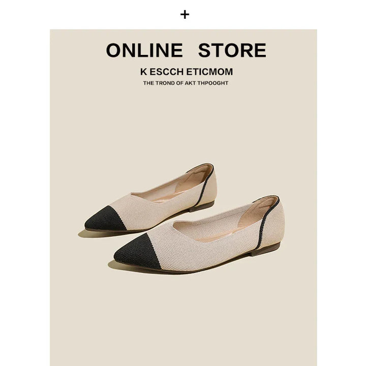 Beige and black pointed toe women's flat shoes on neutral background with online store text