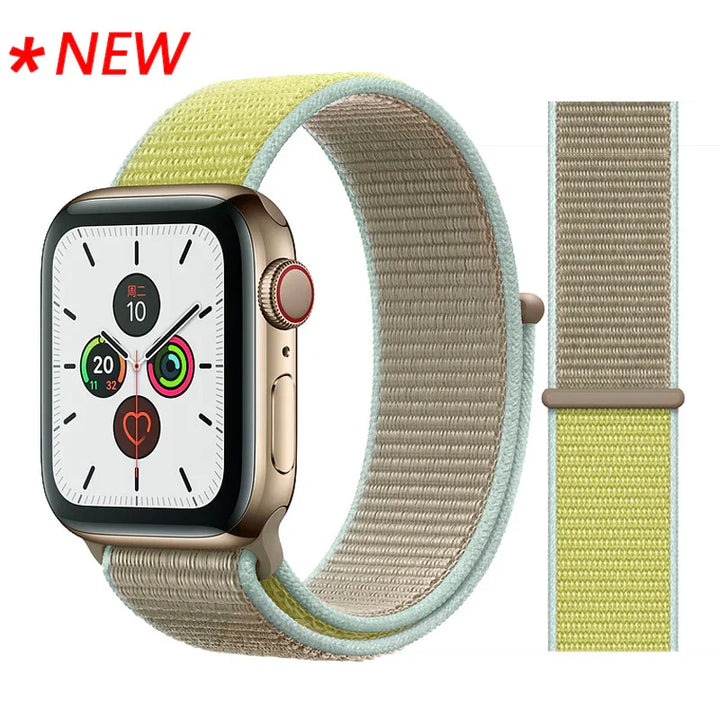 New Apple Watch with gold case and adjustable yellow and beige woven sport loop band