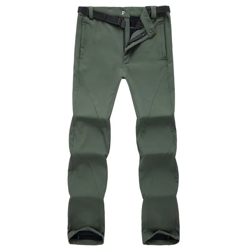 Outdoor green hiking pants with built-in adjustable black belt, front zipper and pockets