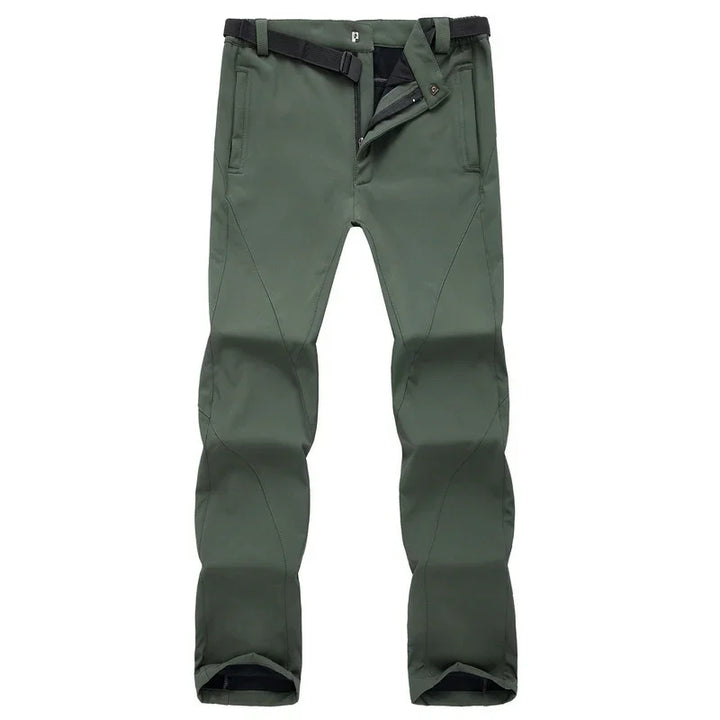 Outdoor green hiking pants with built-in adjustable black belt, front zipper and pockets