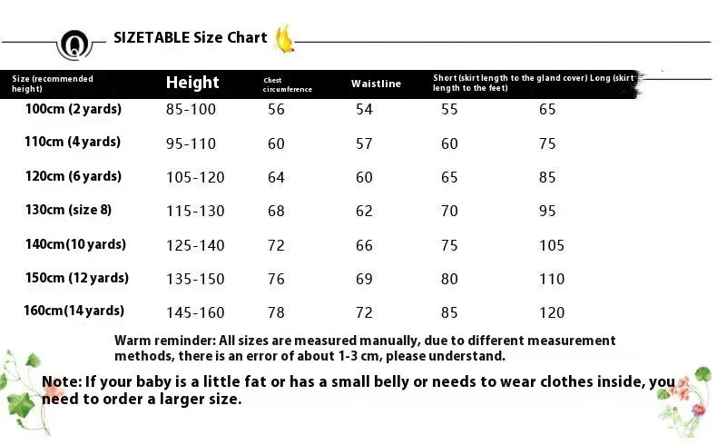 Children's skirt size chart with height, chest, waist measurements, and skirt length in cm and yards