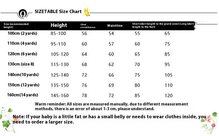 Children's skirt size chart with height, chest, waist measurements, and skirt length in cm and yards