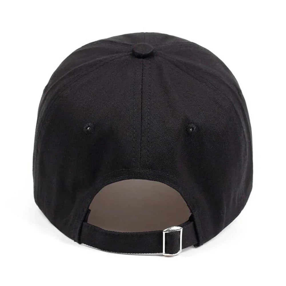 Adjustable black baseball cap shown from the back with metal buckle strap