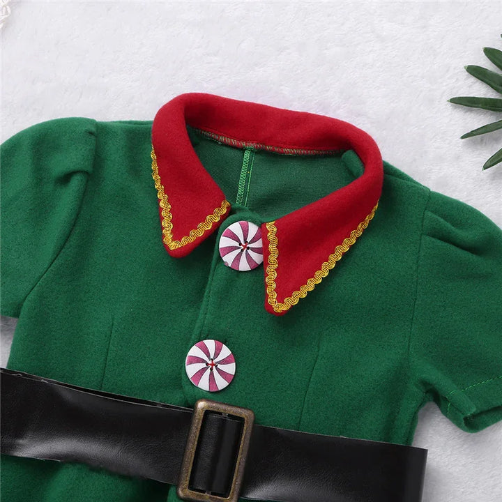 Green Christmas dress with red collar, gold trim, peppermint buttons, and black belt with buckle