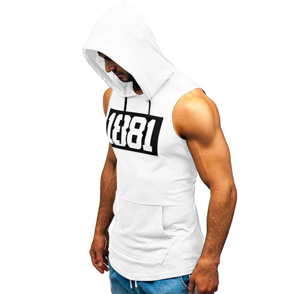 Muscular man wearing white sleeveless hoodie with 1881 print and front pocket, paired with blue jeans