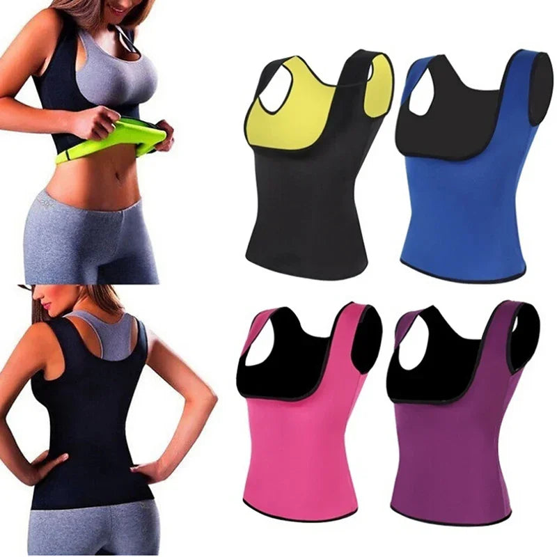 Women’s neoprene sauna vest tank tops in yellow, blue, pink, purple, shown on model and flat lay