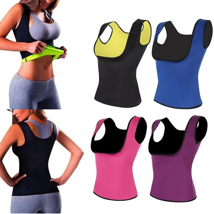 Women’s neoprene sauna vest tank tops in yellow, blue, pink, purple, shown on model and flat lay