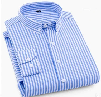 Folded men's button-down shirt with blue and white vertical stripes and a buttoned pocket