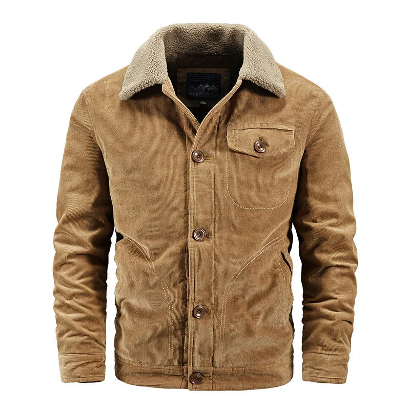 Brown corduroy jacket with button closure and soft shearling collar, casual men's outerwear