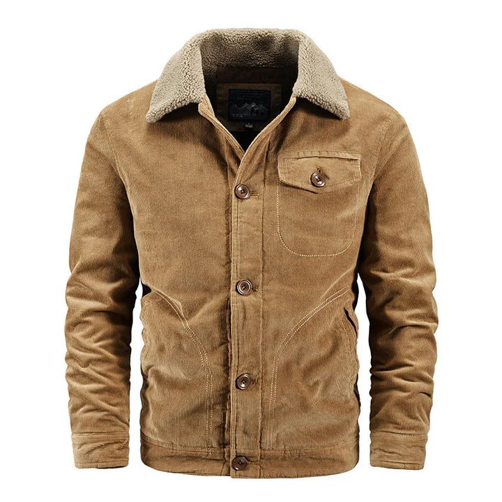 Brown corduroy jacket with button closure and soft shearling collar, casual men's outerwear