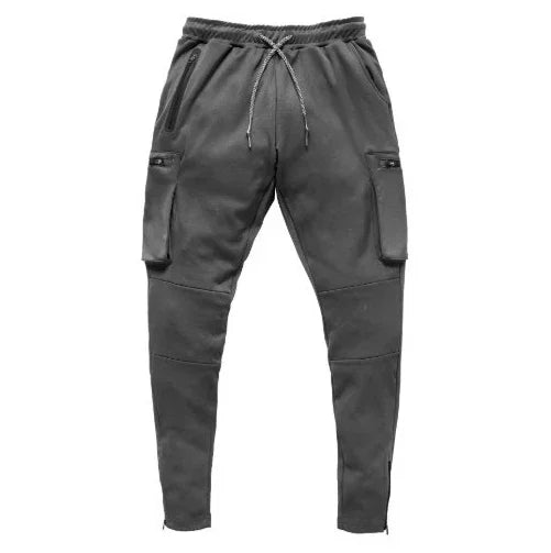 Black slim-fit cargo jogger pants with drawstring waist and zippered side pockets
