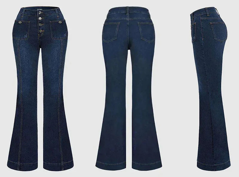 Dark blue denim flare jeans shown from front, back, and side with button fly and patch pockets