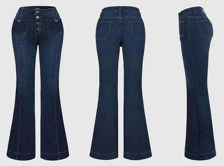 Dark blue denim flare jeans shown from front, back, and side with button fly and patch pockets