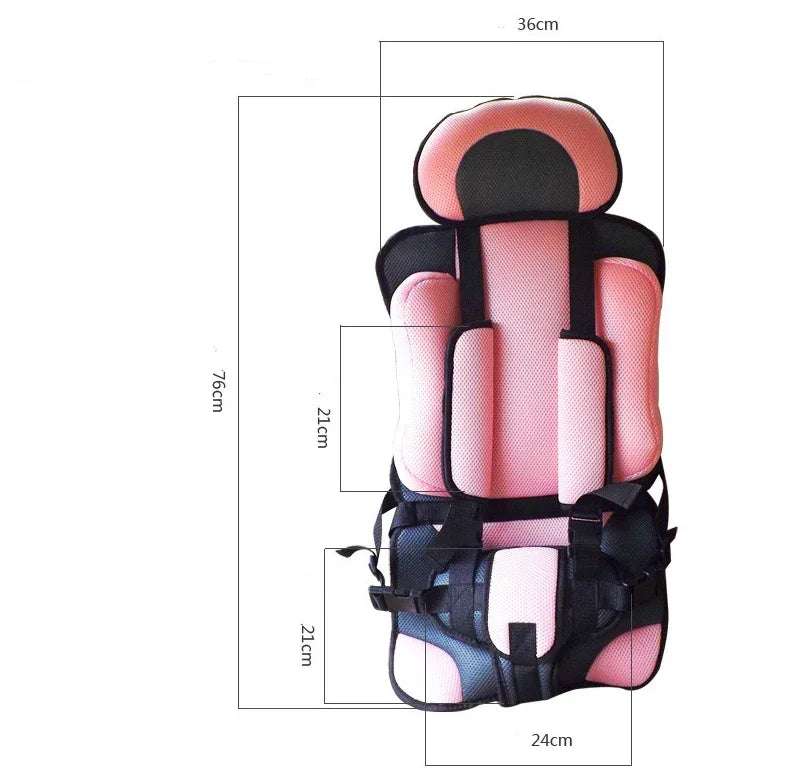 Pink and black child car seat with safety harness and measurements on a white background