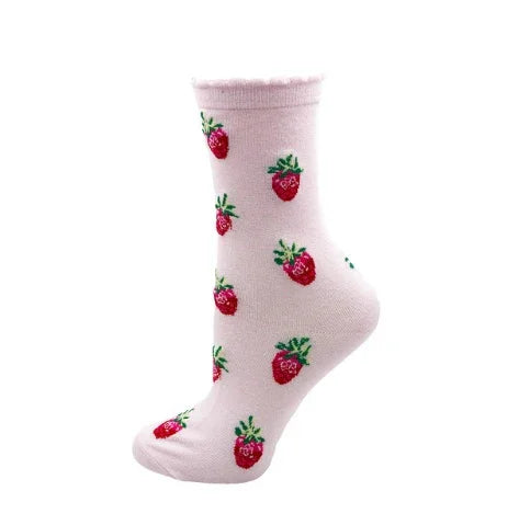 Pink ankle sock featuring a repeating strawberry pattern with green leaves