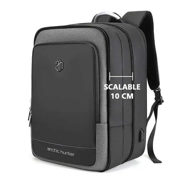 Black Arctic Hunter expandable backpack with padded straps and USB charging port