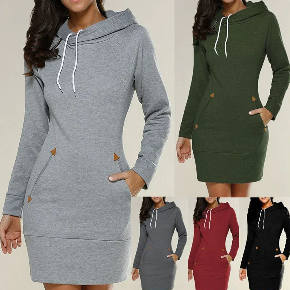 Women wearing casual hoodie dresses in gray, green, dark gray, red, and black with pockets and white drawstrings