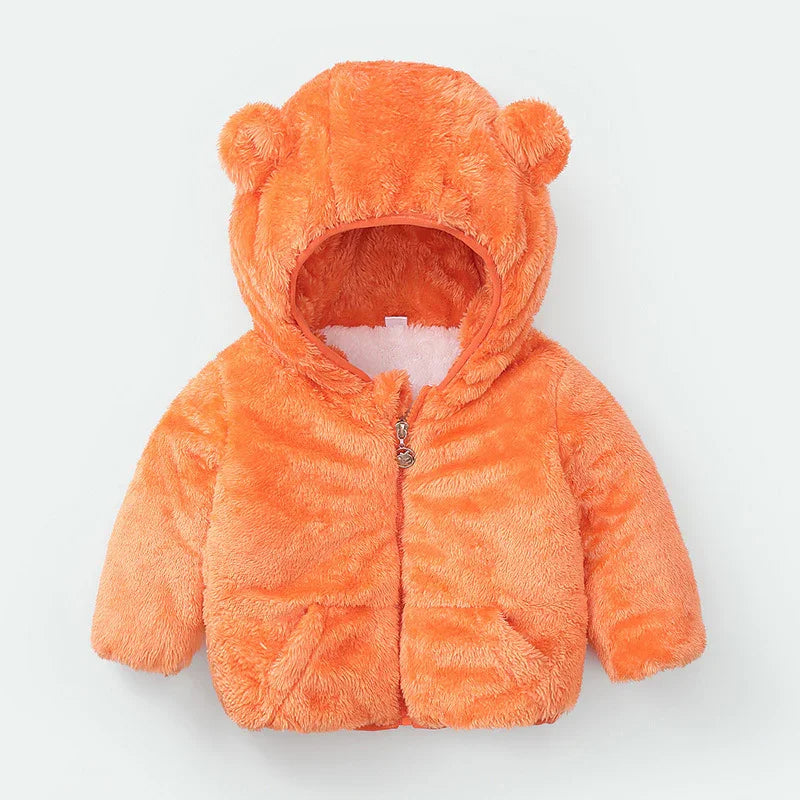Soft orange fuzzy baby jacket with hood and bear ears, front zipper, and pockets