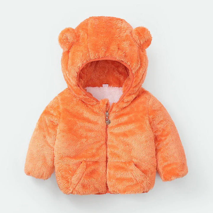 Soft orange fuzzy baby jacket with hood and bear ears, front zipper, and pockets