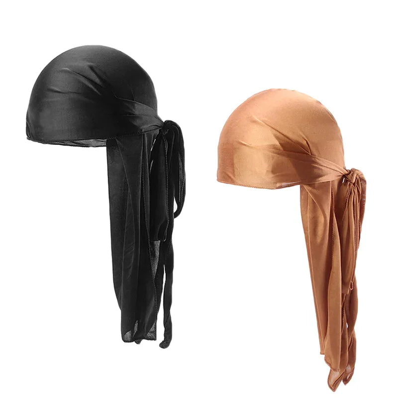 Black and brown satin durags with long tail ties isolated on white background