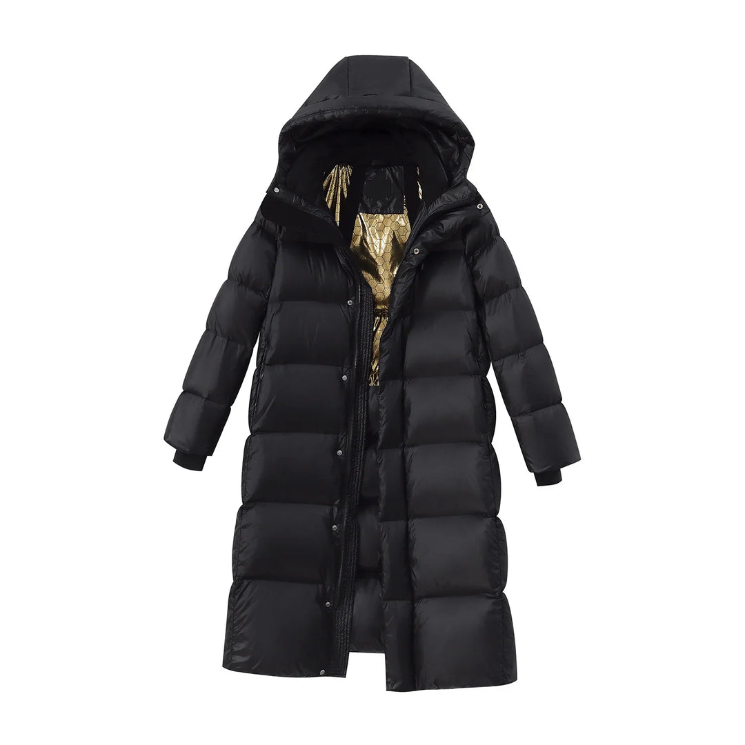 Long black puffer winter coat with hood and gold patterned interior lining