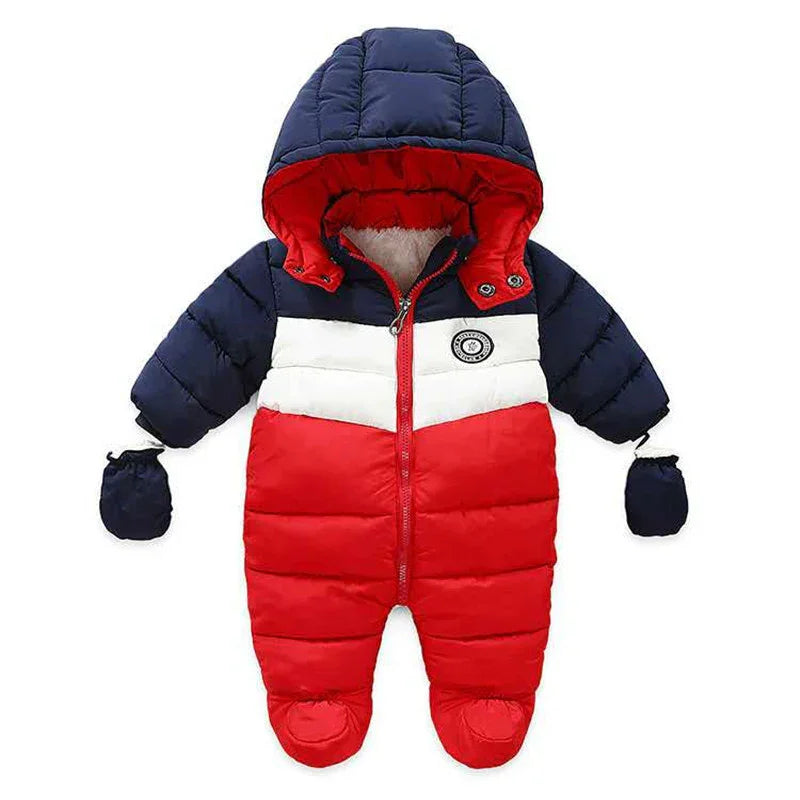Red white and navy blue padded baby winter jumpsuit with hood and attached mittens