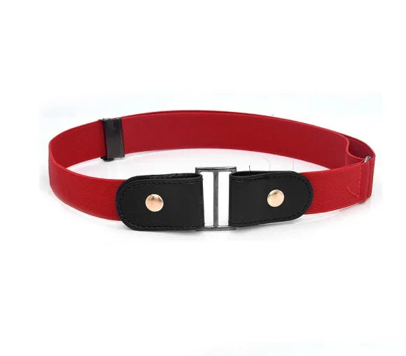 Red elastic belt with black leather ends and gold-tone button accents on a white background
