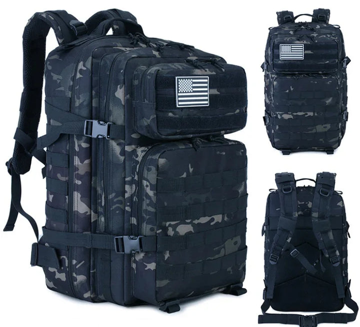 Black tactical backpack with camouflage pattern and American flag patch, shown from front and back views