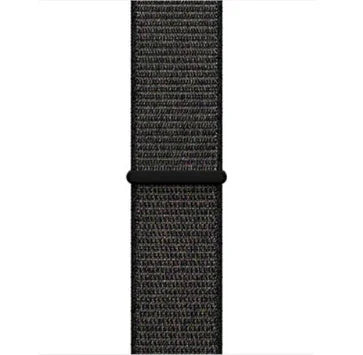 Black woven nylon watch strap with loop buckle on white background