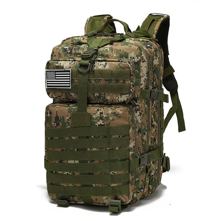 Digital camouflage tactical backpack with US flag patch and multiple compartments