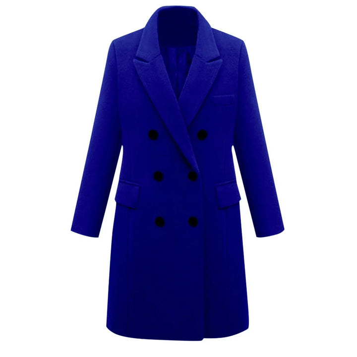 Elegant royal blue double-breasted wool blazer coat with lapel collar and flap pockets