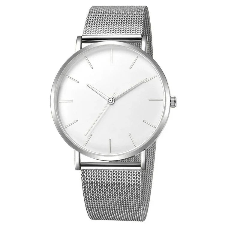 Minimalist silver mesh band wristwatch with white dial and slender hour markers