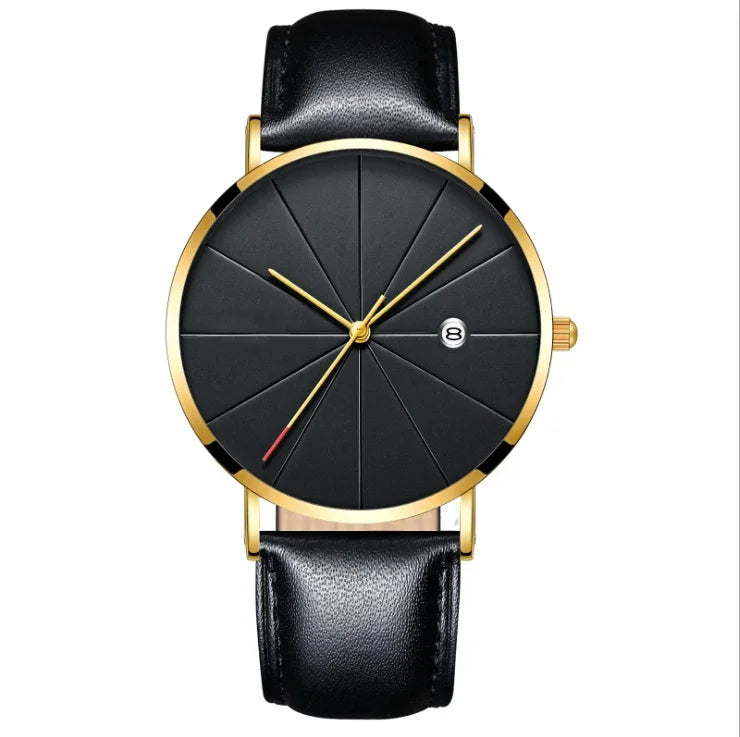 Elegant black wristwatch with gold case, black leather strap, textured dial, and date display