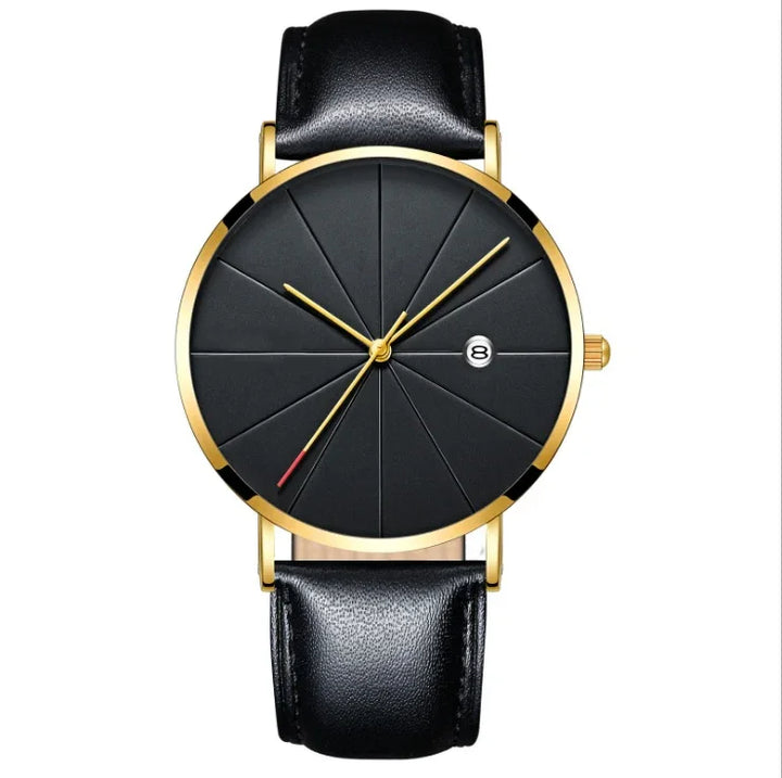 Elegant black wristwatch with gold case, black leather strap, textured dial, and date display
