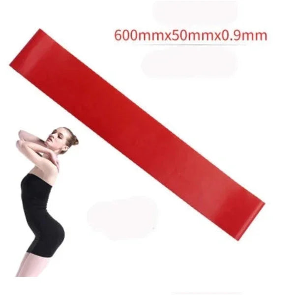 Red resistance band 600mm x 50mm x 0.9mm with woman in black dress exercising