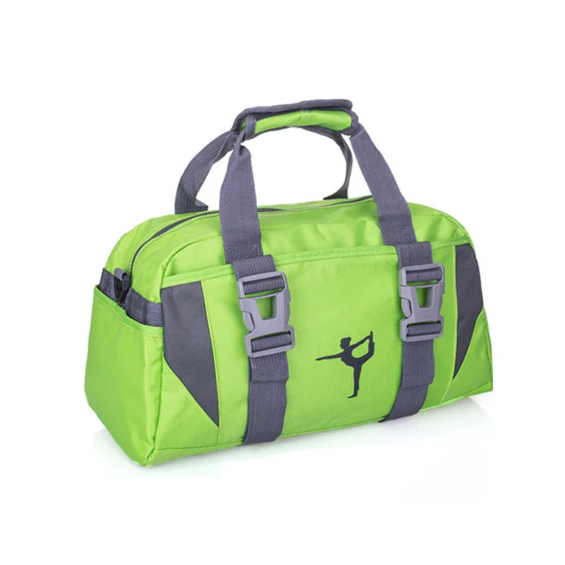 Green gym duffel bag with yoga silhouette and gray straps on white background