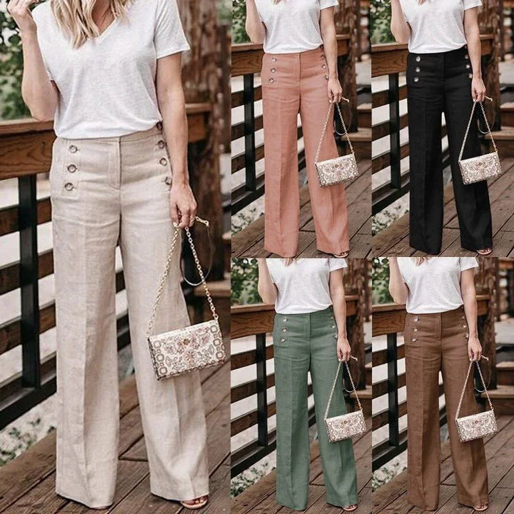 Women wearing wide-leg high-waist pants with double button details in beige, peach, black, green, and brown colors