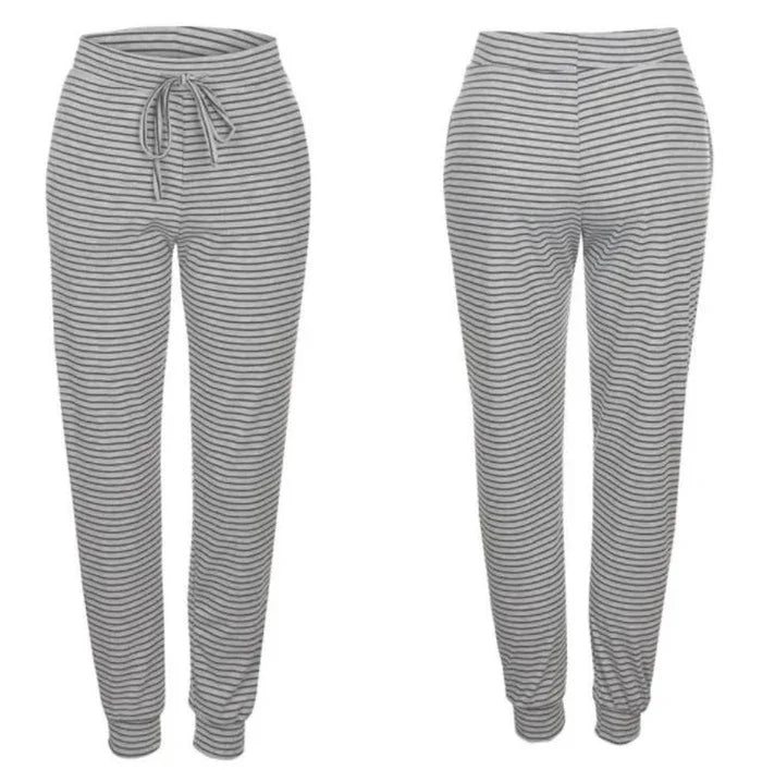 Front and back view of gray and black striped jogger pants with drawstring waist and cuffed ankles