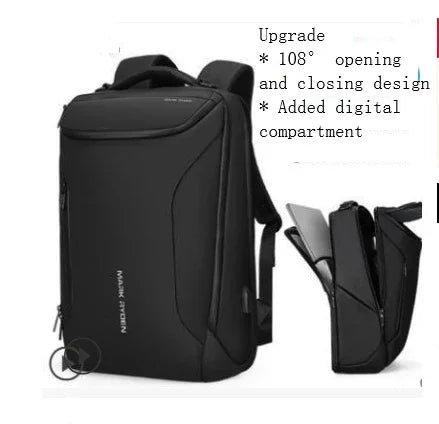 Black Mark Ryden backpack with 108° opening and digital compartment design for tech storage