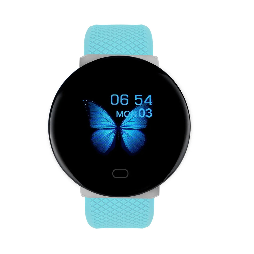 Round smart watch with black face, digital blue butterfly display, and textured light blue band