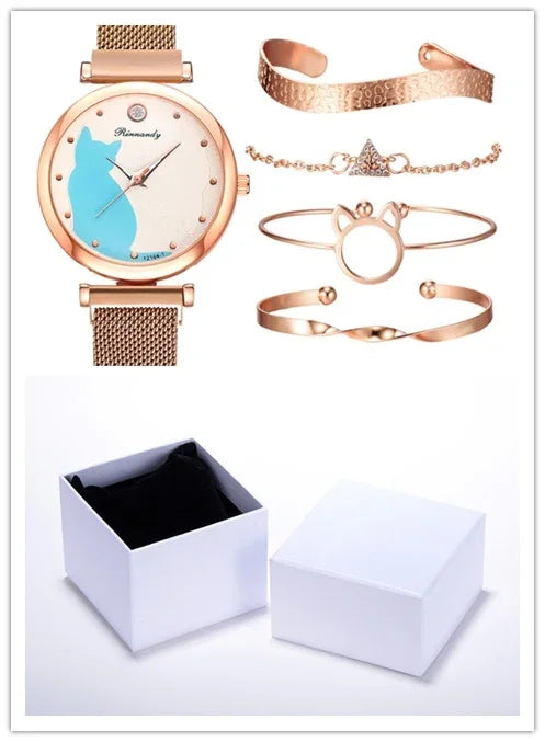 Rose gold women's watch with blue cat design and four matching rose gold bracelets with gift box