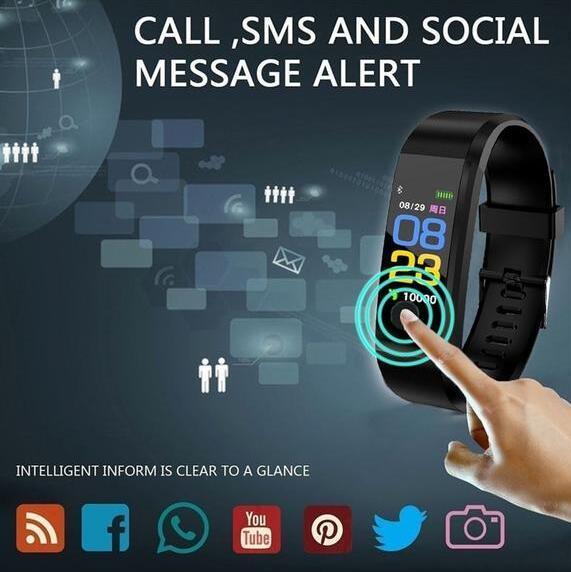 Smart fitness watch displaying time and notifications with call, SMS, and social media alerts