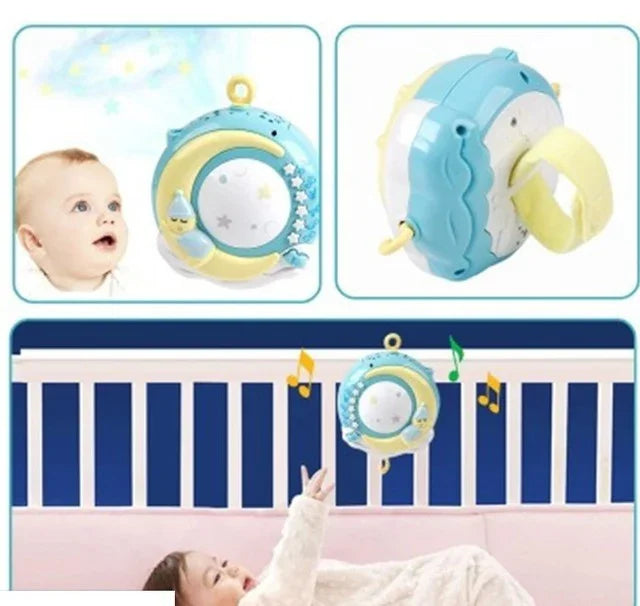 Blue and yellow moon-shaped musical baby crib toy with stars and strap, shown with infants