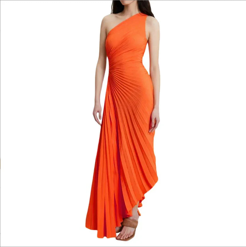 Elegant one-shoulder orange pleated evening gown with flared asymmetrical hem