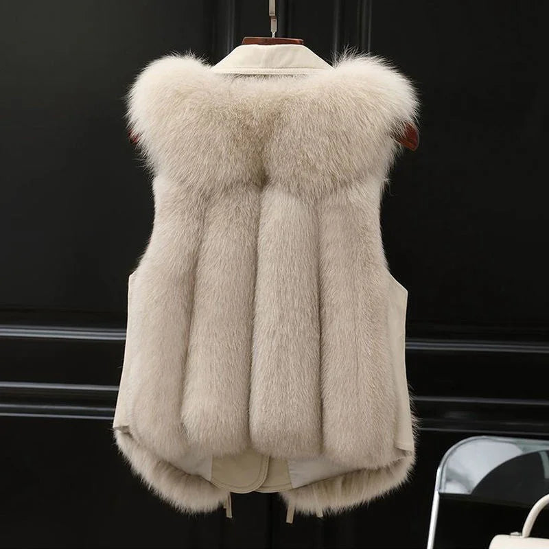 luxury beige fur vest with soft fluffy texture displayed on wooden hanger