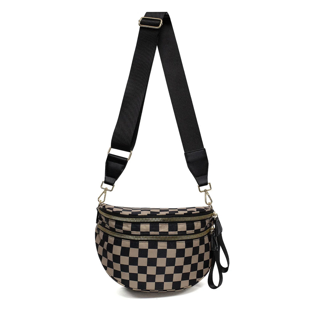 Stylish black and beige checkered fanny pack with adjustable black strap and gold zippers