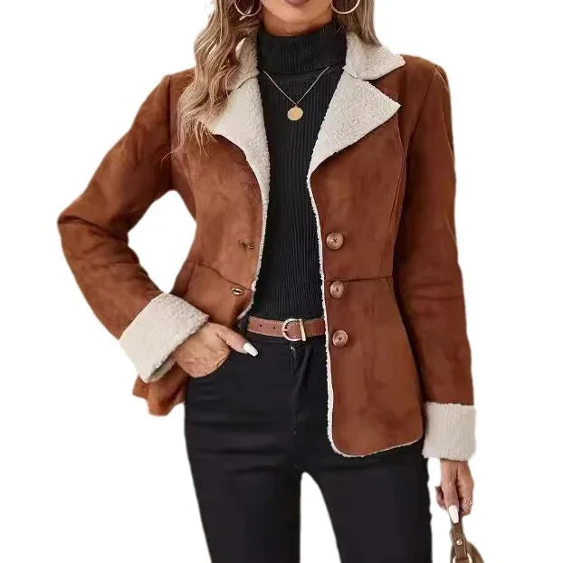woman wearing brown suede faux shearling jacket with buttons, black turtleneck, and black pants
